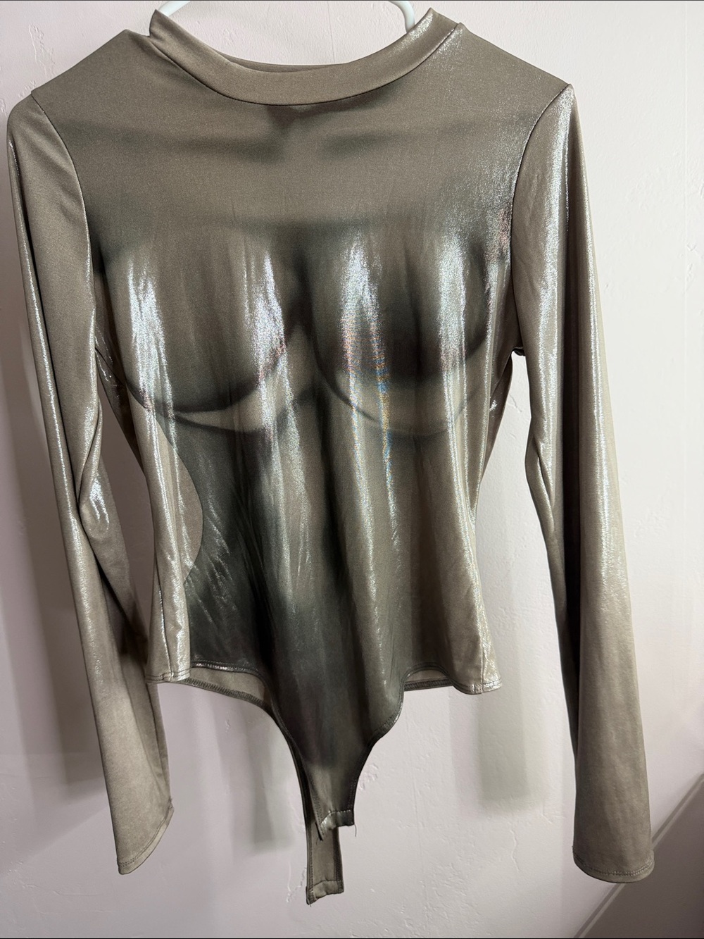 Fashion Nova Metallic Silver Long Sleeve Bodysuit